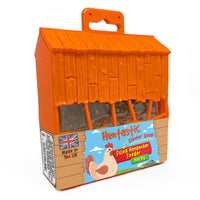 Orange barn-shaped Henpecker Feeder packaging shown at an angle from the side