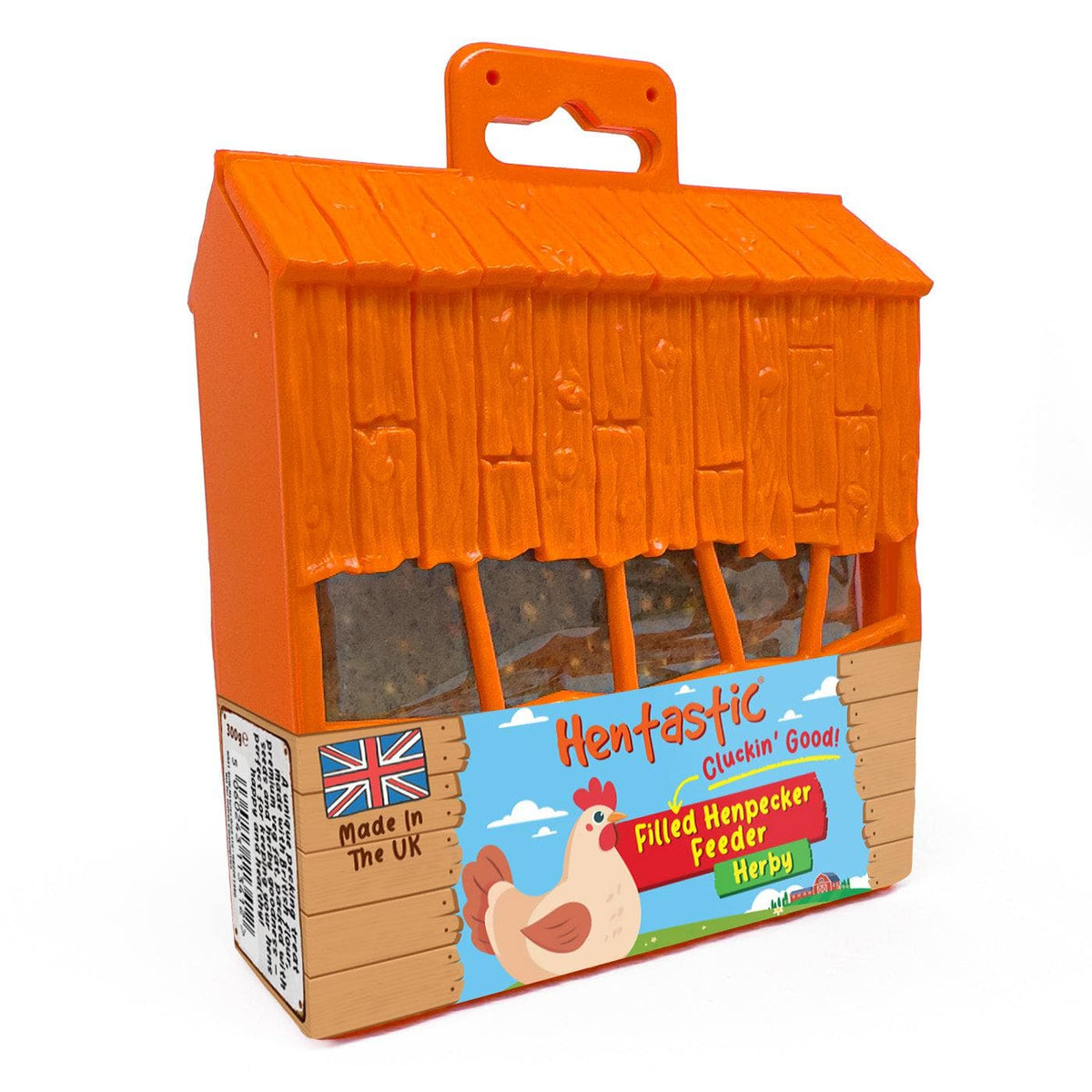 Orange barn-shaped Henpecker Feeder packaging shown at an angle from the side