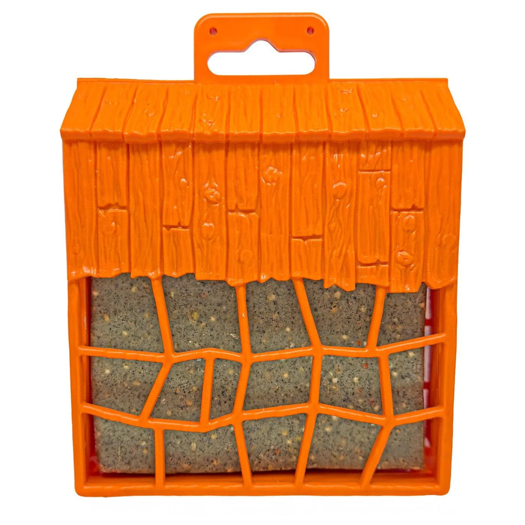 Front view of the orange Henpecker Feeder showing the herby suet block inside
