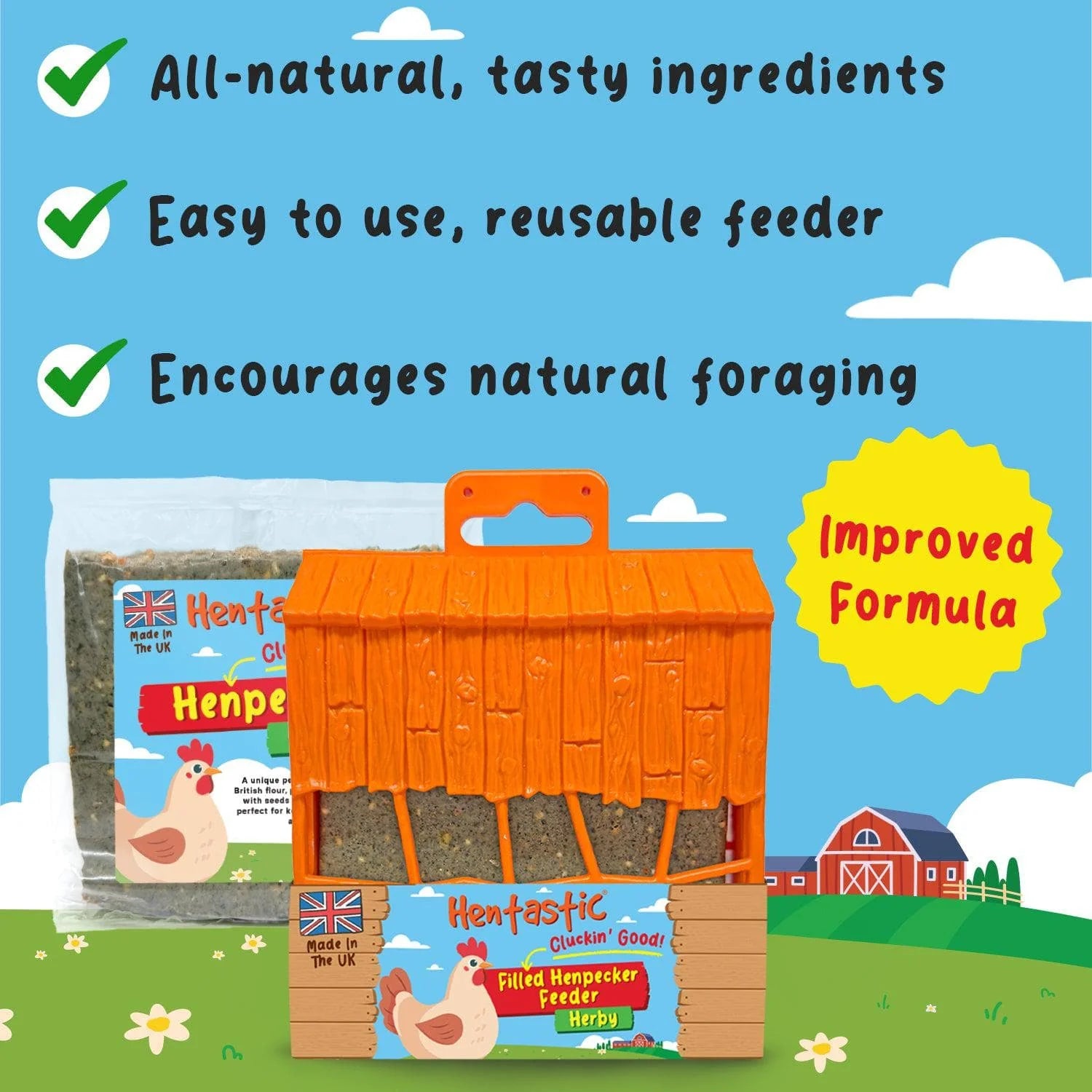 Checklist graphic of feeder benefits beside the packaged Henpecker Feeder
