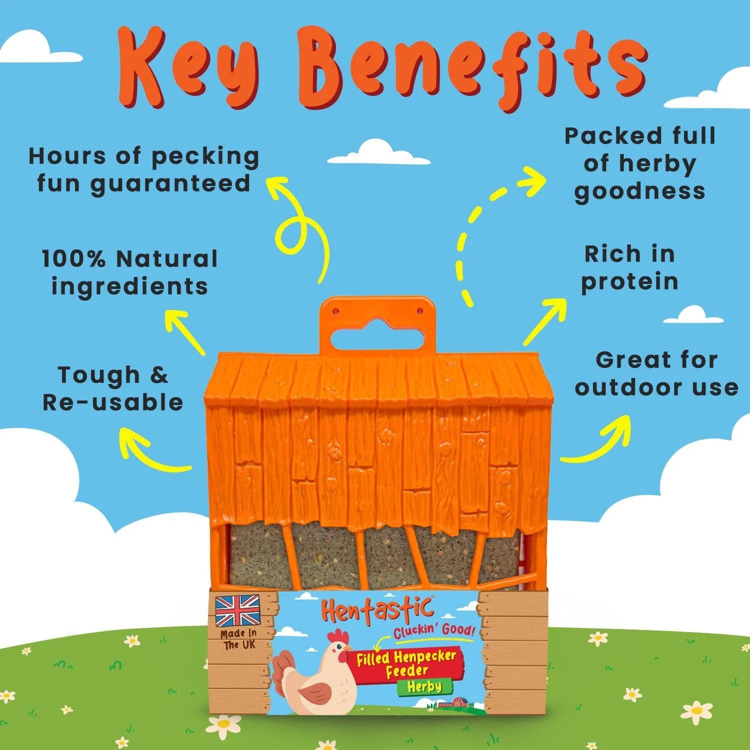 Infographic listing key benefits around the orange Henpecker Feeder barn shape