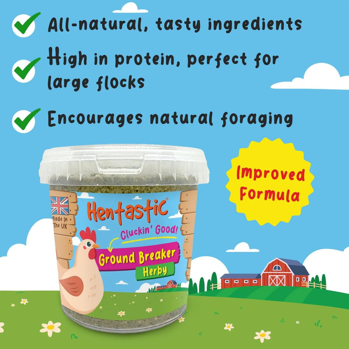 Checklist infographic highlighting natural ingredients and protein content of Ground Breaker
