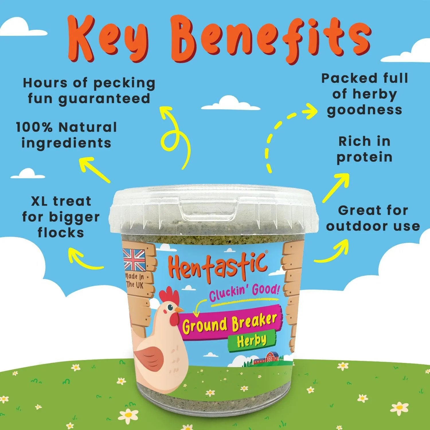 Infographic listing key benefits of the Hentastic Ground Breaker herby treat tub
