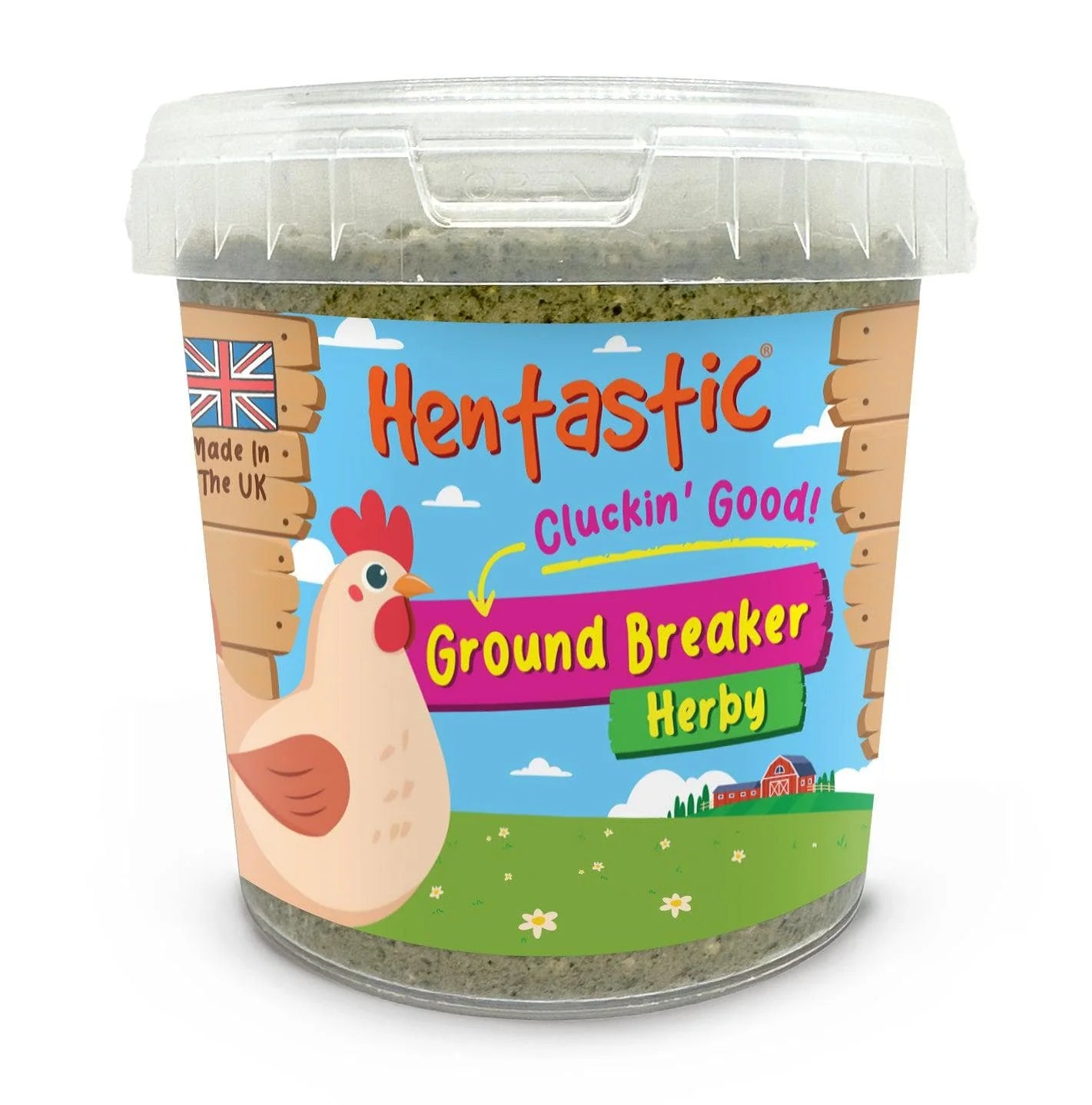 Tub of Hentastic Ground Breaker Herby chicken treat with cartoon hen label