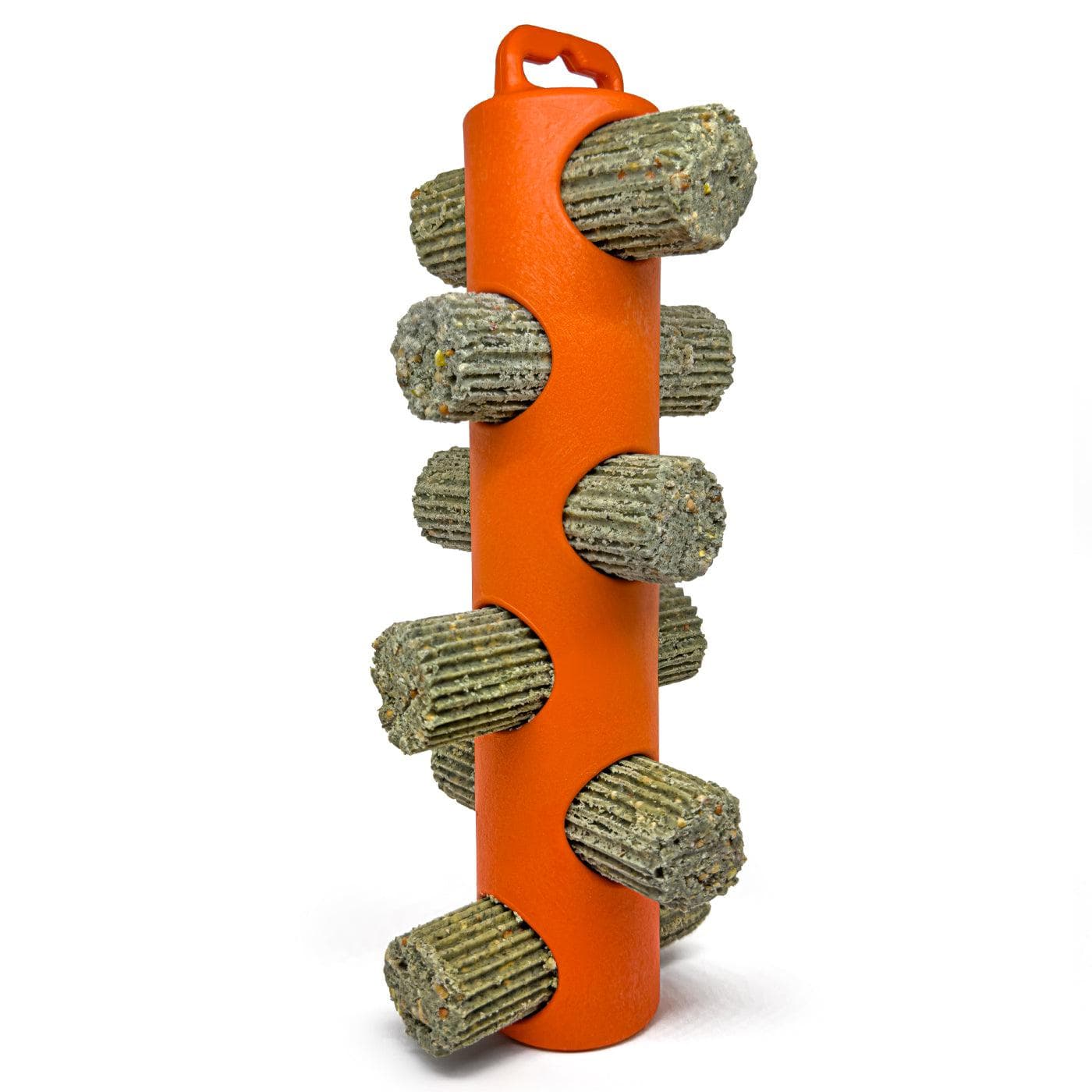 Orange chick stick holder loaded with six herbal treat sticks for pecking