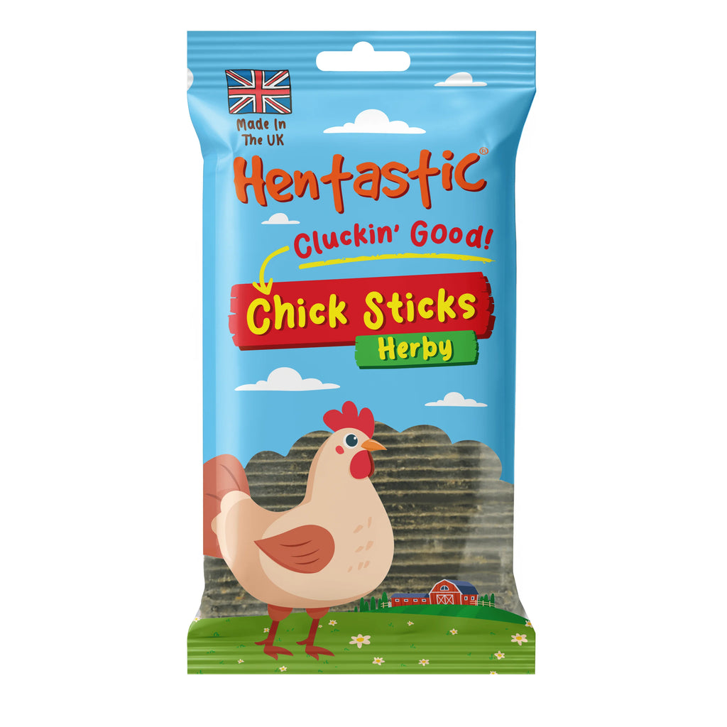Front of Hentastic Herbal Chick Sticks Herby treat bag showing stacked stick treats