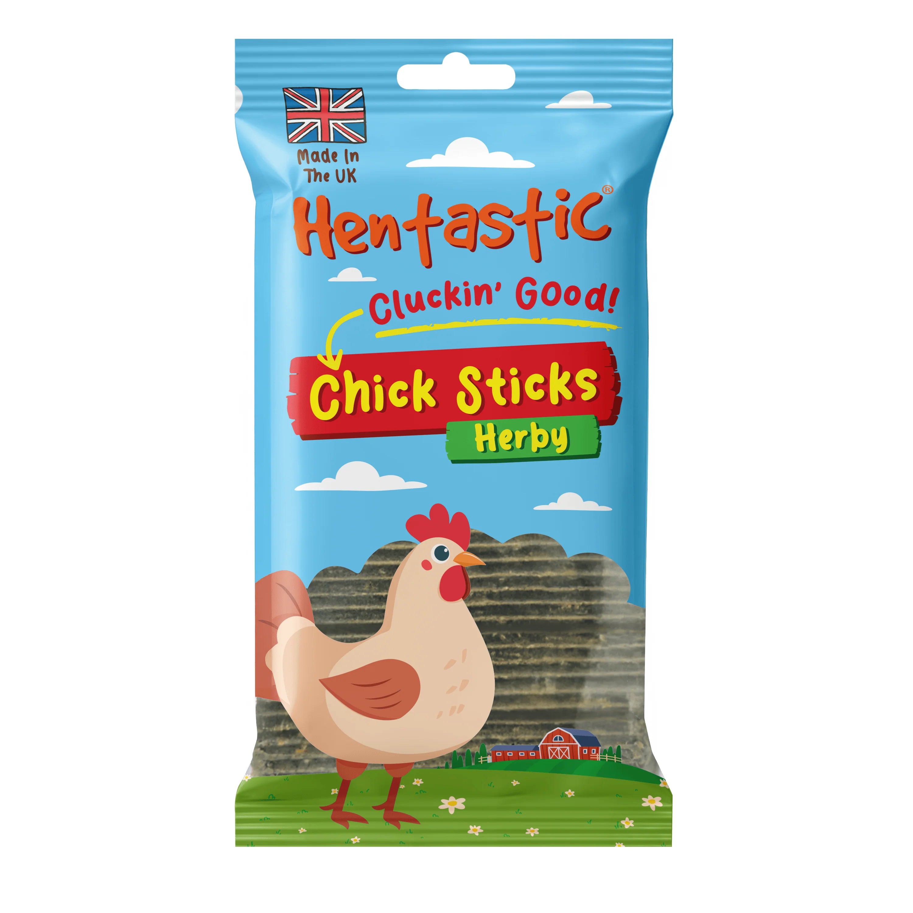 Front of Hentastic Herbal Chick Sticks Herby treat bag showing stacked stick treats