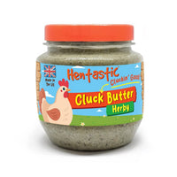 Jar of Hentastic Herby Cluck Butter spread with an orange lid and hen illustration on the label