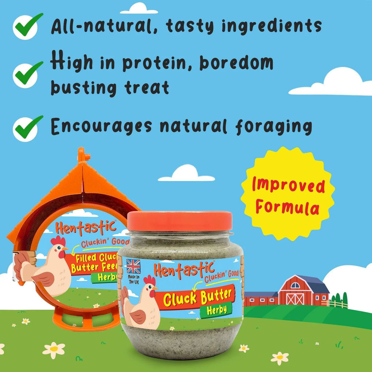Checklist graphic highlighting Cluck Butter benefits next to the jar and matching treat feeder