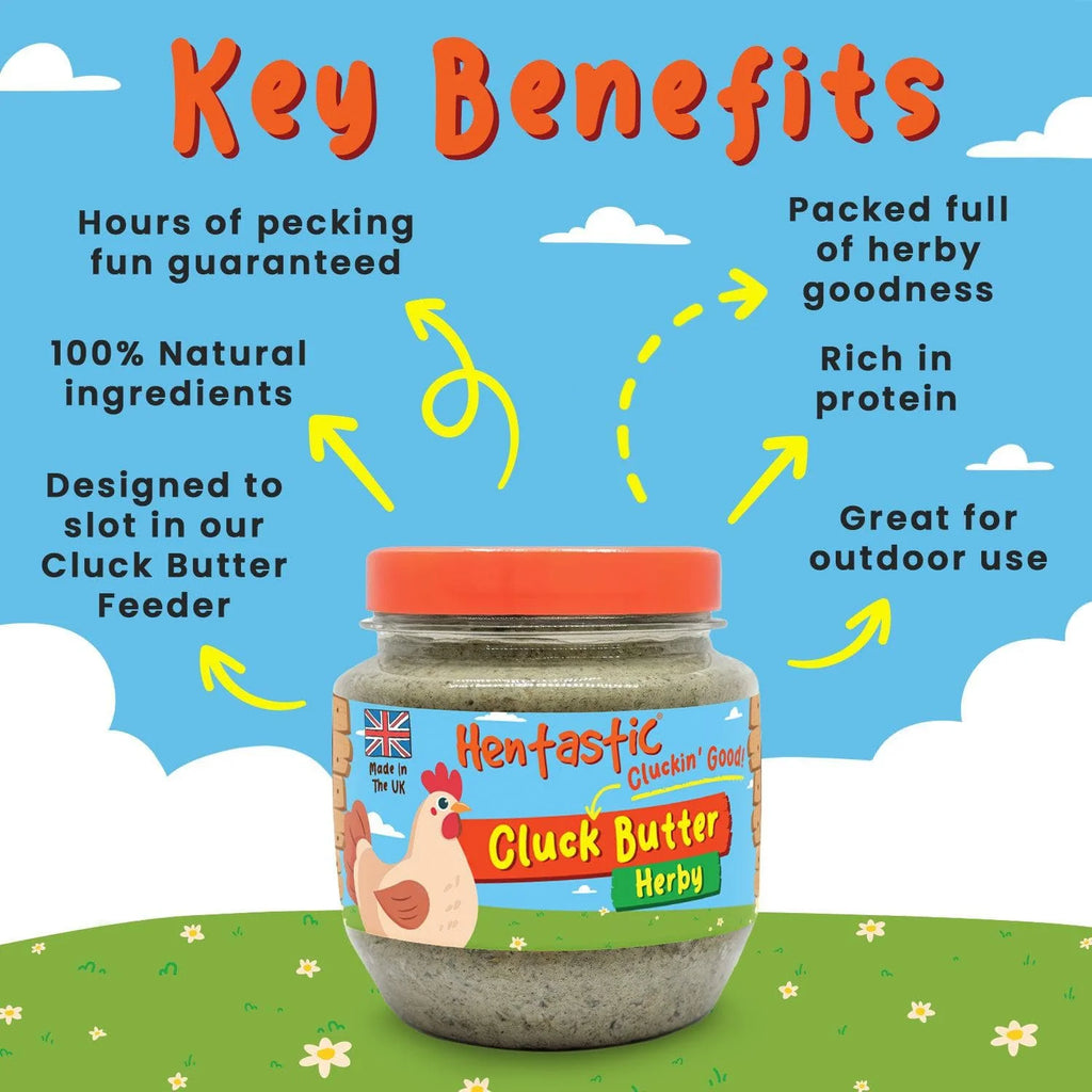 Infographic listing key benefits of Hentastic Herby Cluck Butter beside the jar on a farm background