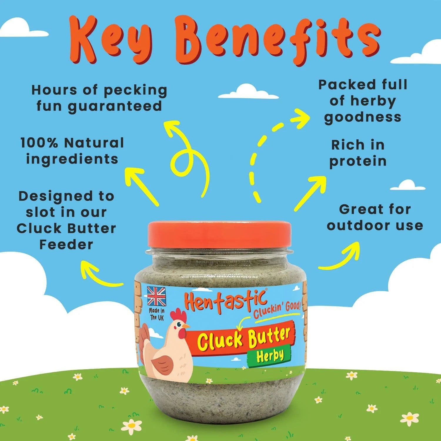 Infographic listing key benefits of Hentastic Herby Cluck Butter beside the jar on a farm background