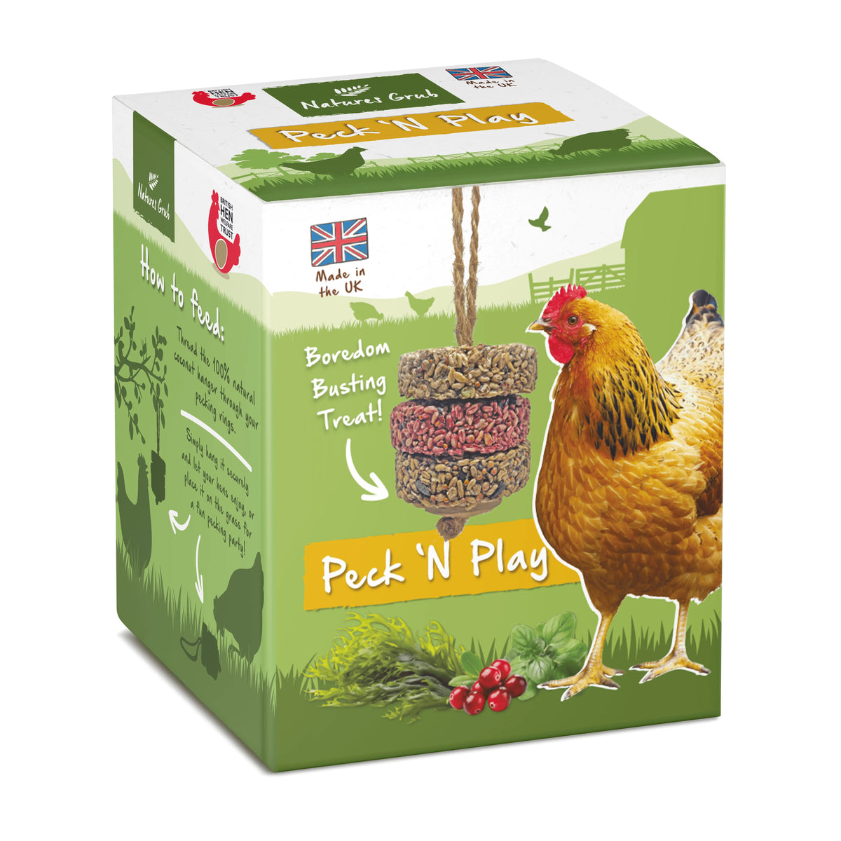 Angled view of the Peck n Play Hanger packaging showing the hanging seed treat illustration