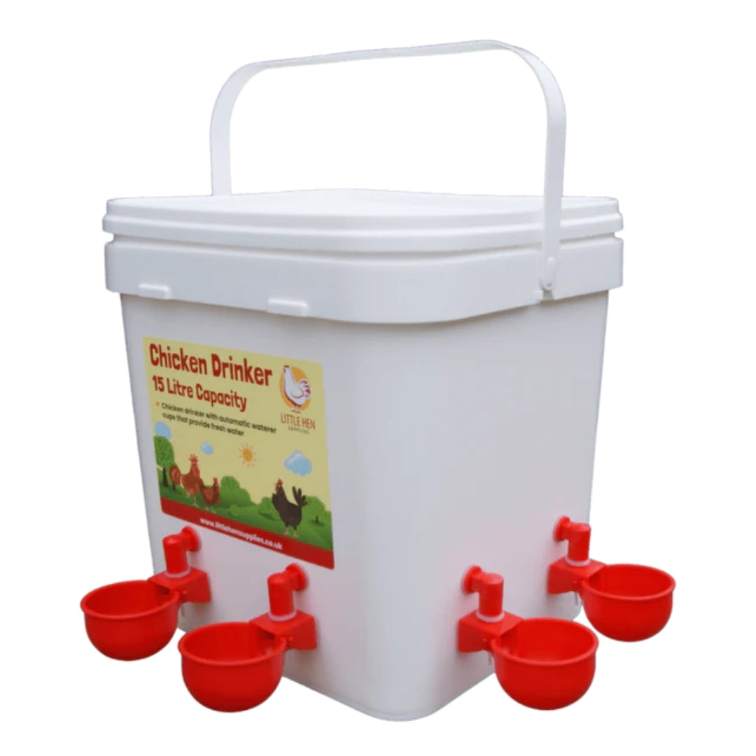 White chicken drinker with red cups on a white background