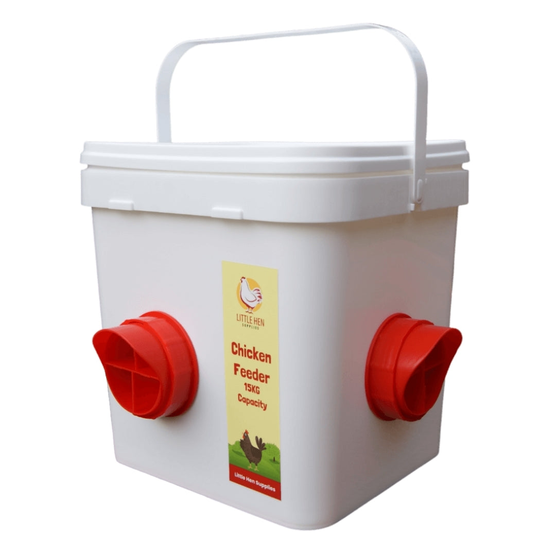 White chicken feeder with red ports and a label on a white background