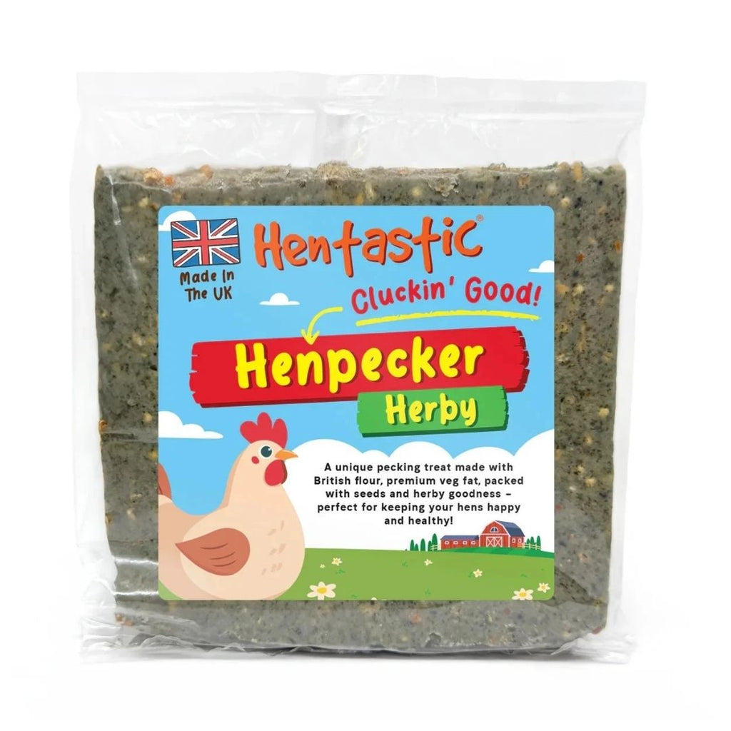 Packaged Henpecker Herby treat for chickens with a colorful label featuring a cartoon chicken.