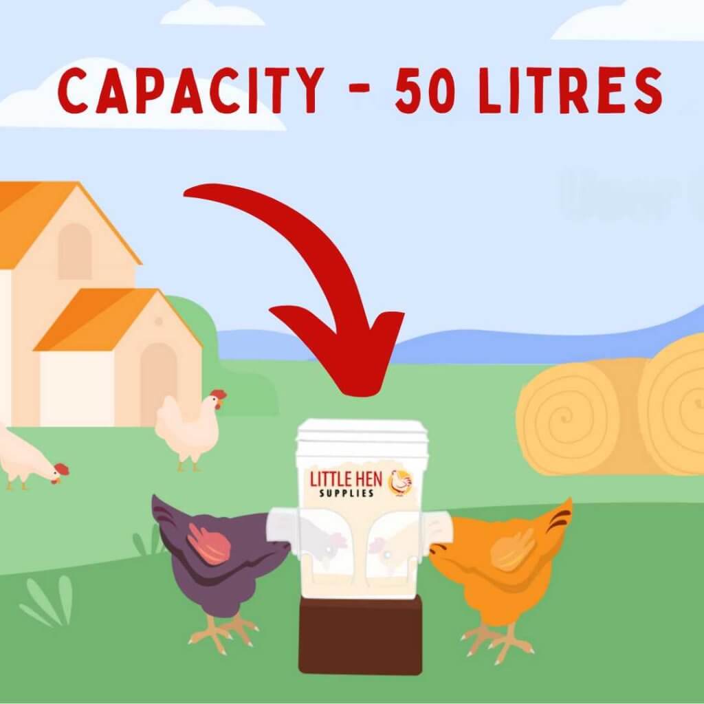 Illustration of a Little Hen Supplies product with chickens and a barn in the background, indicating capacity of 50 litres.