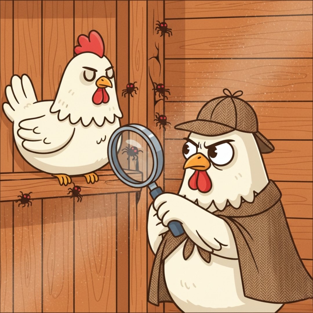 Cartoon chicken detective inspecting wooden coop cracks while tiny red mite silhouettes hide nearby