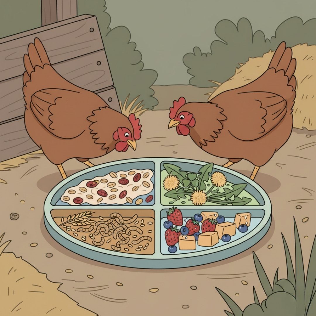Cartoon-style illustration of hens exploring a tray with seasonal treats including greens, grains, oats, berries, and frozen fruit cubes.