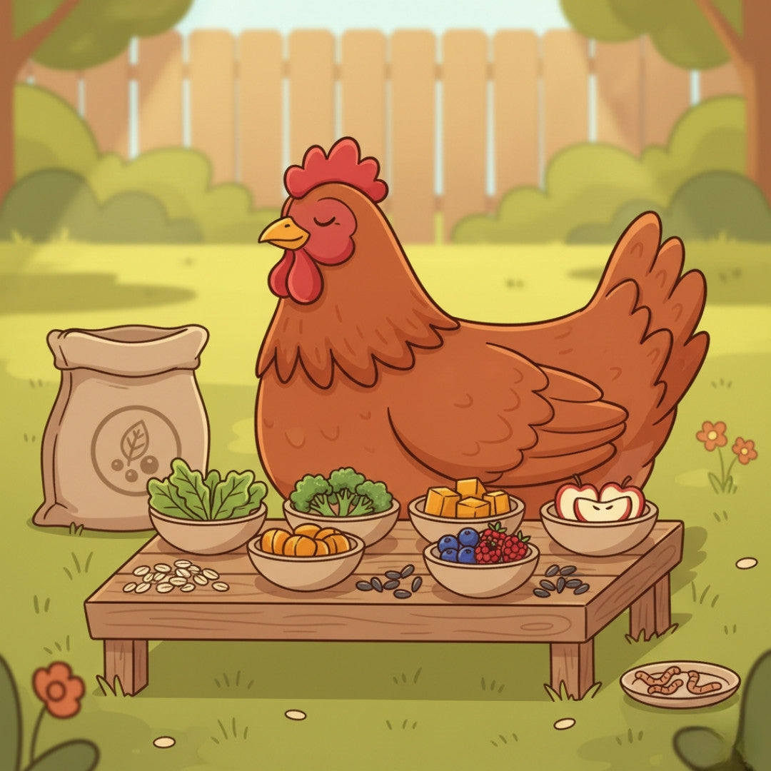 Cartoon-style illustration of a hen choosing from a small selection of natural chicken treats like leafy greens, berries, pumpkin, and seeds in a tidy backyard scene.