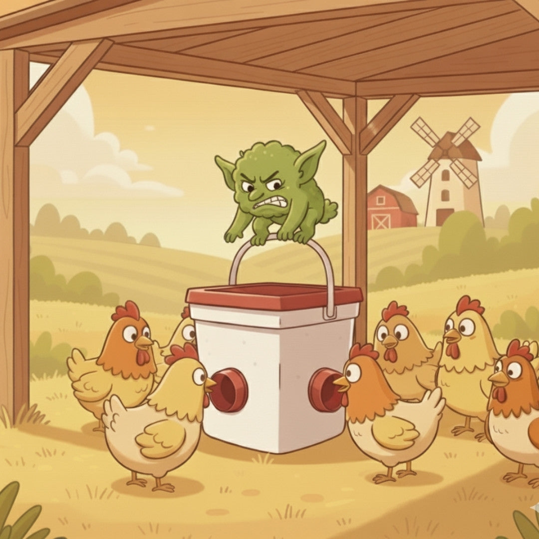 Cartoon illustration of a green mould creature on top of a bucket with chickens below, set against a farm background.