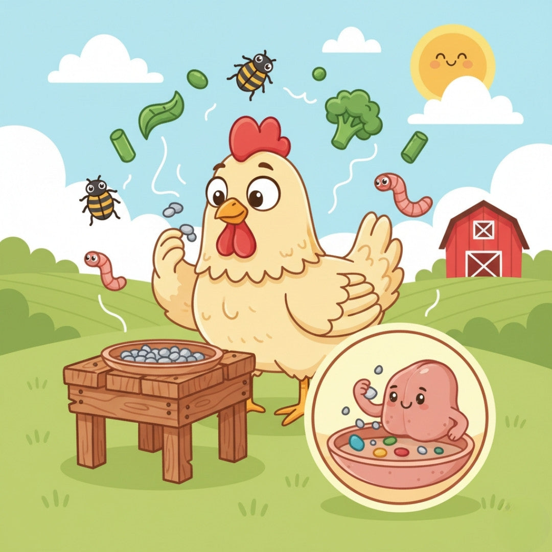 Cartoon chicken eating grit with a playful gizzard illustration showing how grit helps digestion.
